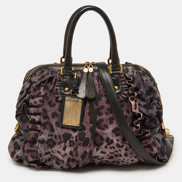 DOLCE &amp; GABBANA Purple Leopard Print Canvas and Leather Miss Rouche Bag